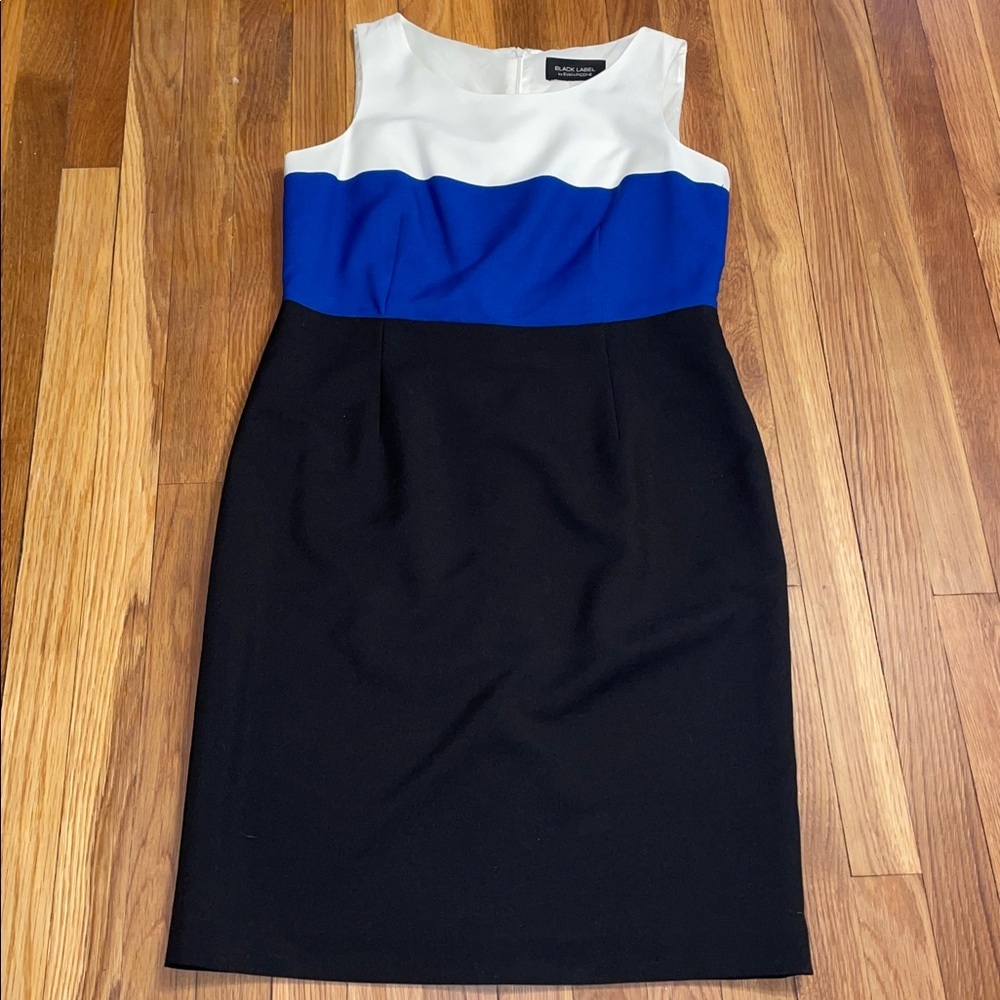Evan Picone Black Label sleeveless White, Blue & Black Midi Dress. Size 10